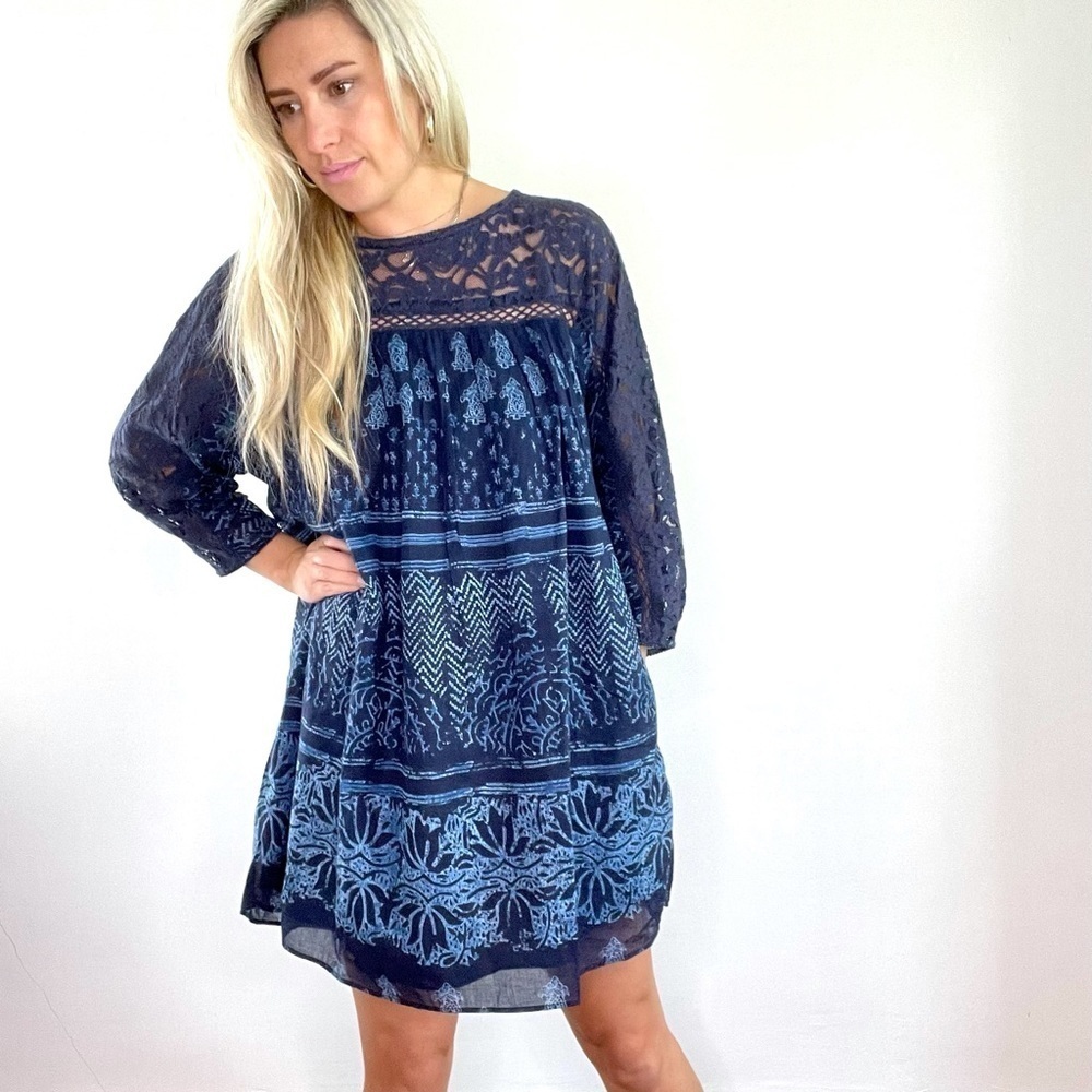 Free People Blue Lace Sleeve & Chest Dress XS-L